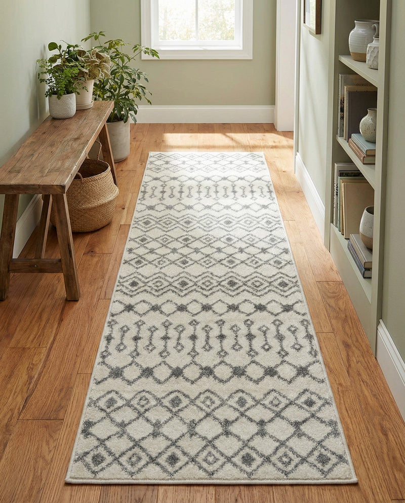 Mediterranean Lattice Collection Area Rug - Santorini (Ivory and Gray) Runner Ivory and Gray  lifestyle 85