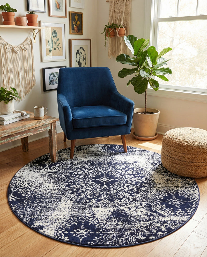 Riviera Elegance Collection Area Rug -  Monaco (Navy Blue) Round Navy Blue  lifestyle 64