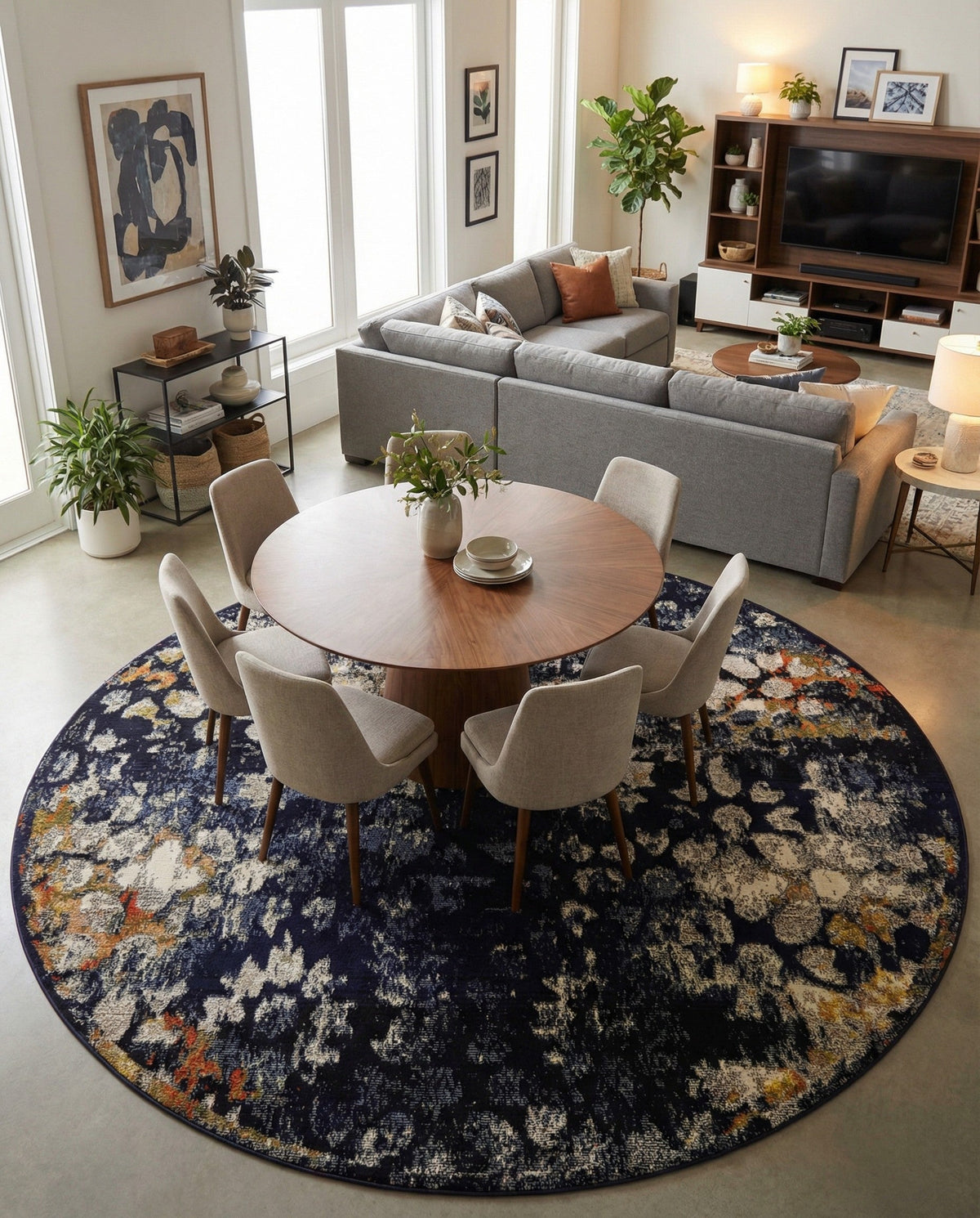 Venetian Tapestry Collection Area Rug - Murano Round Navy Blue  lifestyle 81