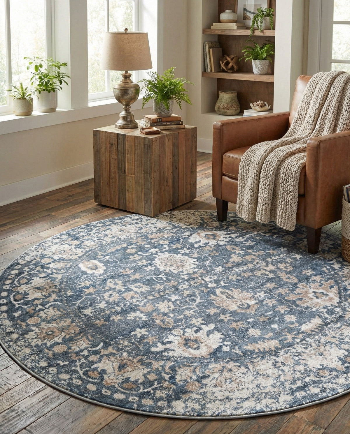 Cascade Range Collection Area Rug -  Shasta (Blue) Round Blue  lifestyle 105
