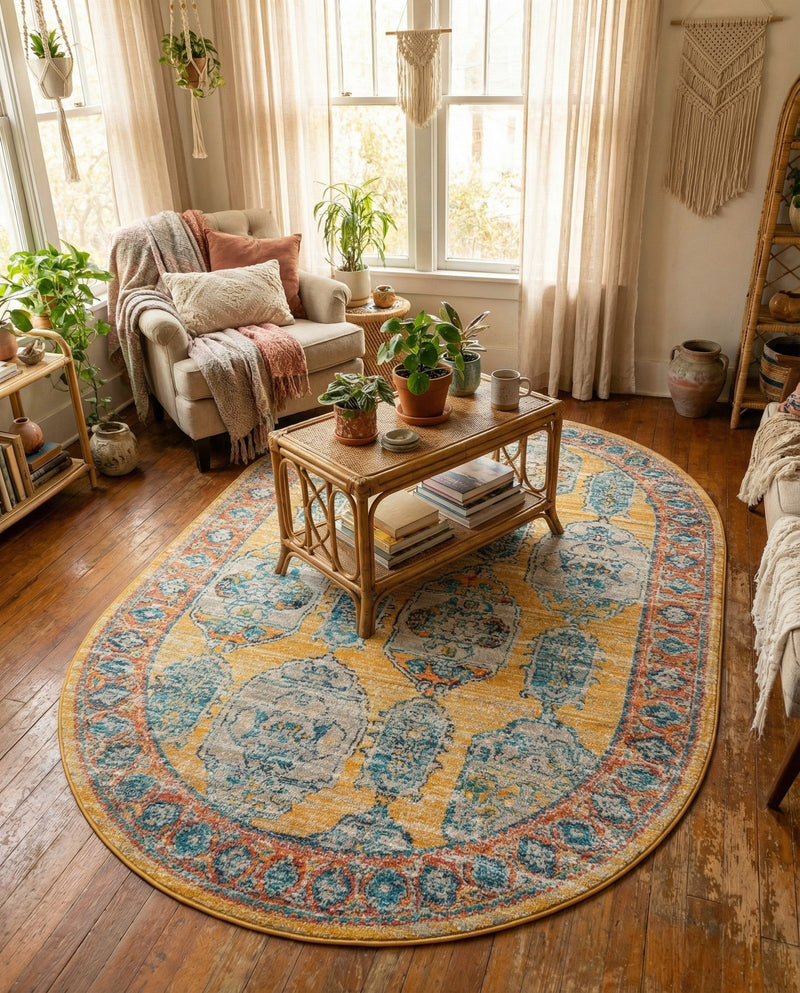 Seville Stripes Collection Area Rug -  Granada (Yellow) Oval Yellow  lifestyle 62
