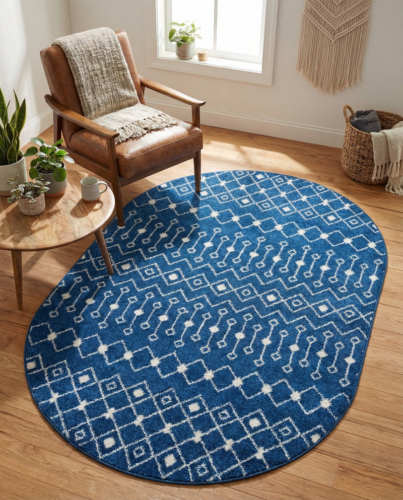 Mediterranean Lattice Collection Area Rug - Santorini (Navy Blue) Oval Navy Blue  lifestyle 52