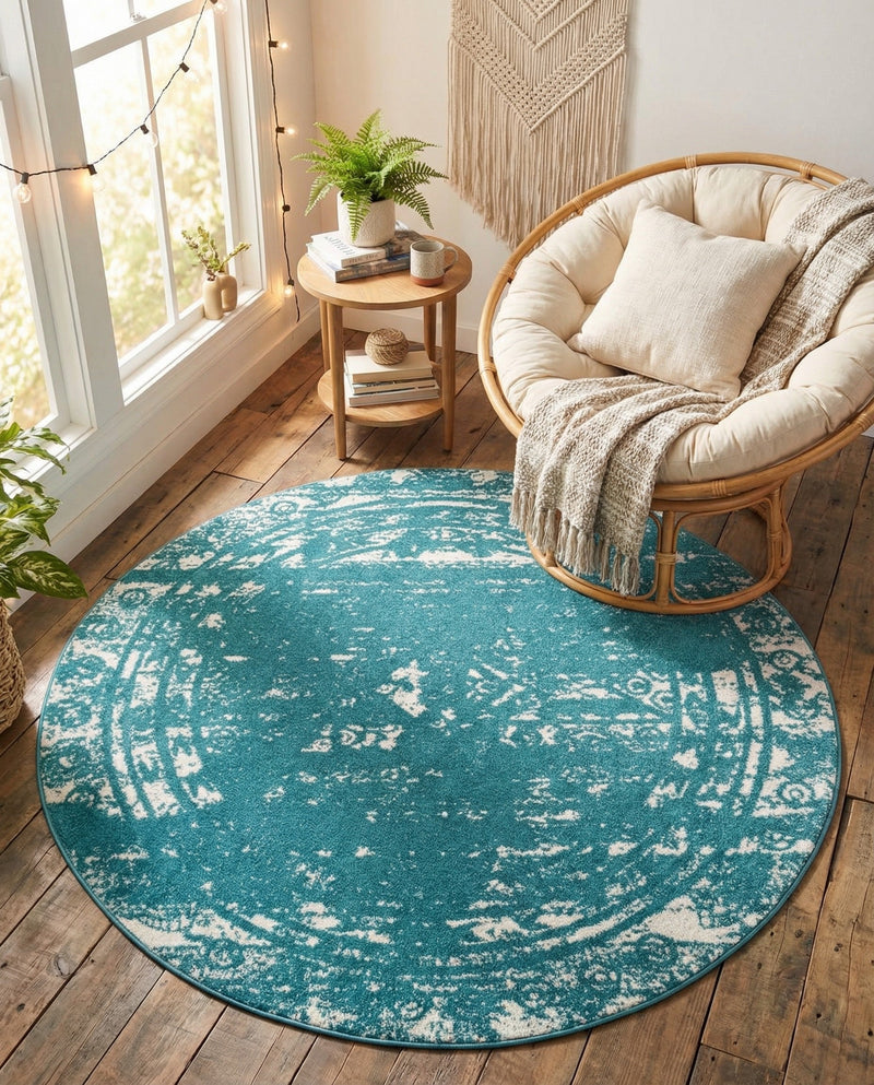 Brighton Stripes Collection Area Rug - Sussex (Turquoise) Round Turquoise  lifestyle 15