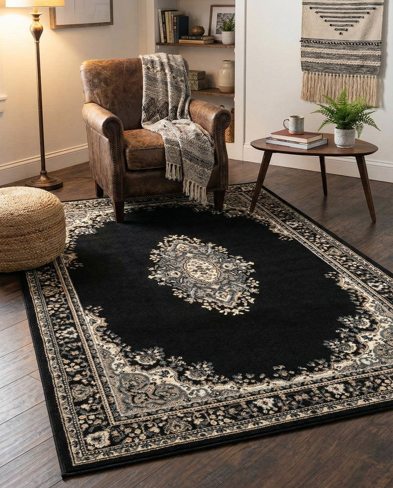 Tabriz Tapestry Collection Area Rug - Azerbaijan (Black) Rectangle Black  lifestyle 9