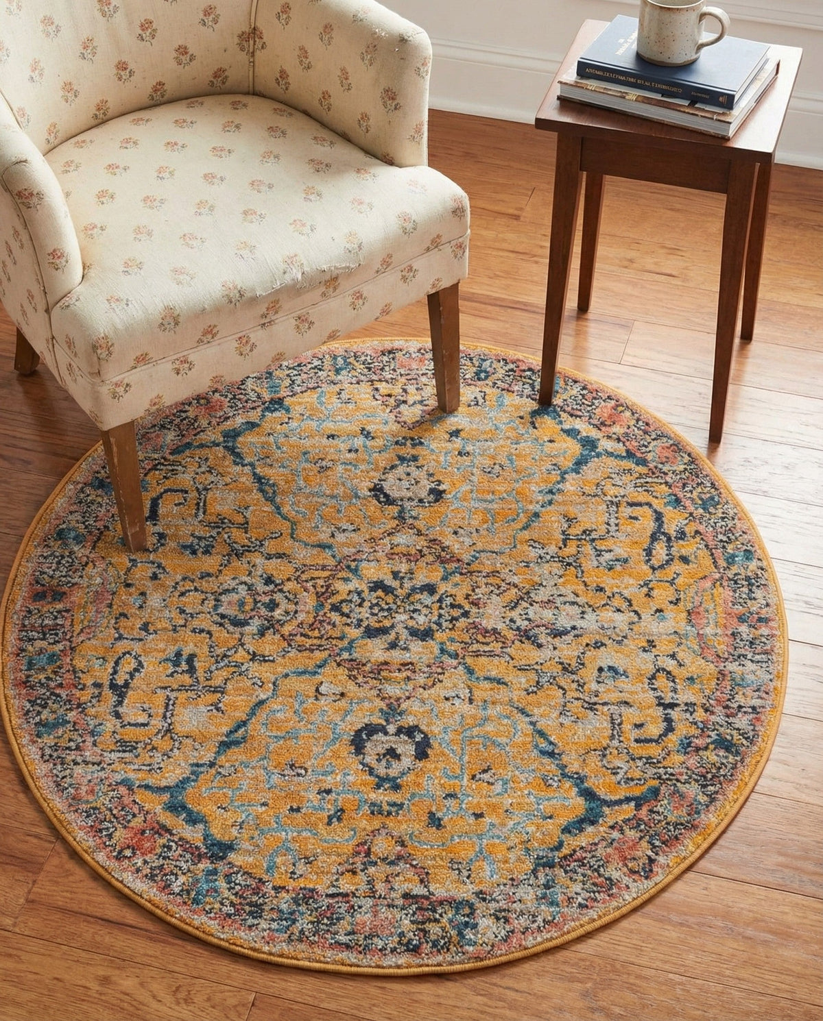 Seville Stripes Collection Area Rug -  Malaga (Yellow) Round Yellow  lifestyle 101
