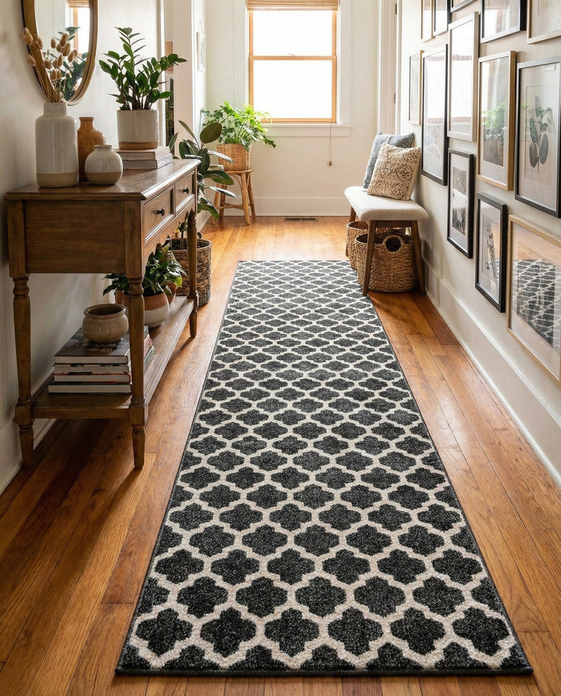 Lattice Gardens Collection Area Rug -  Bloomfield (Black) Runner Black  lifestyle 57