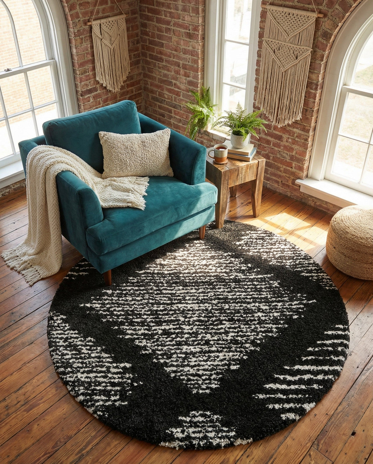 Tranquil Tides Shag Collection Area Rug -  Azure Round Black and White  lifestyle 191