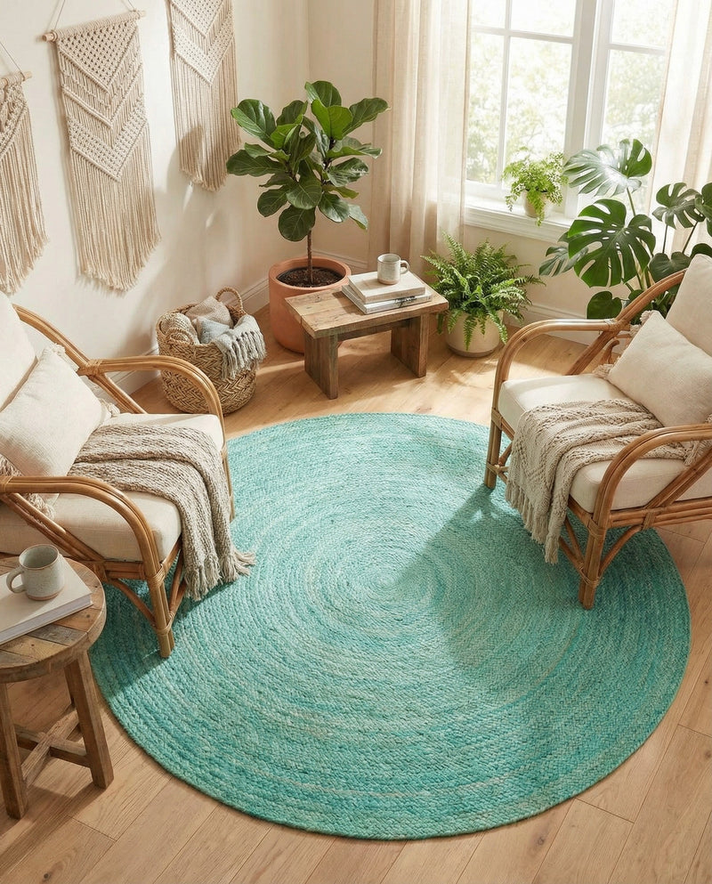 Woven Seaside Jute Collection Area Rug - Savannah (Turquoise) Round Turquoise  lifestyle 63