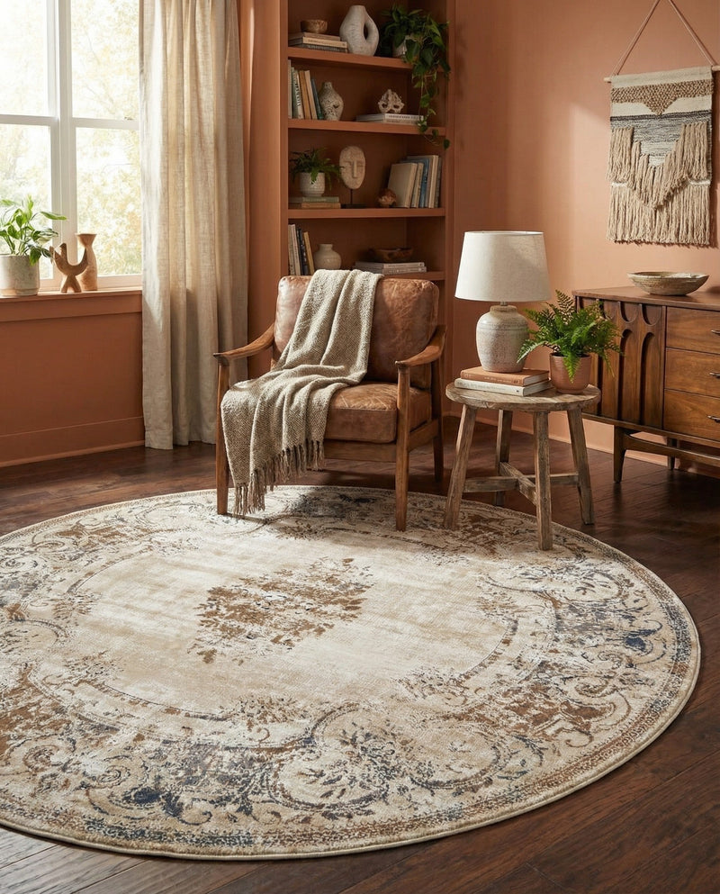 Coastal Manor Collection Area Rug -  Pierpoint Round Blue Cream  lifestyle 69