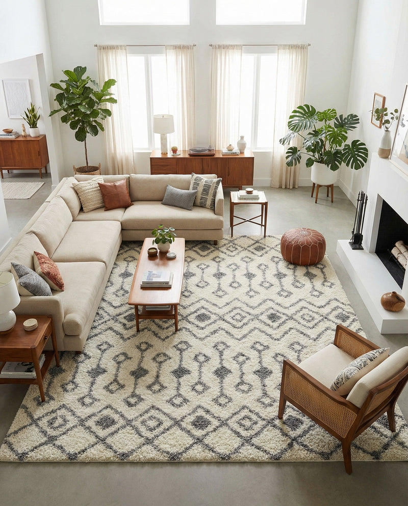 Berber Lattice Shag Collection Area Rug - Atlas (Ivory) Square Ivory  lifestyle 46