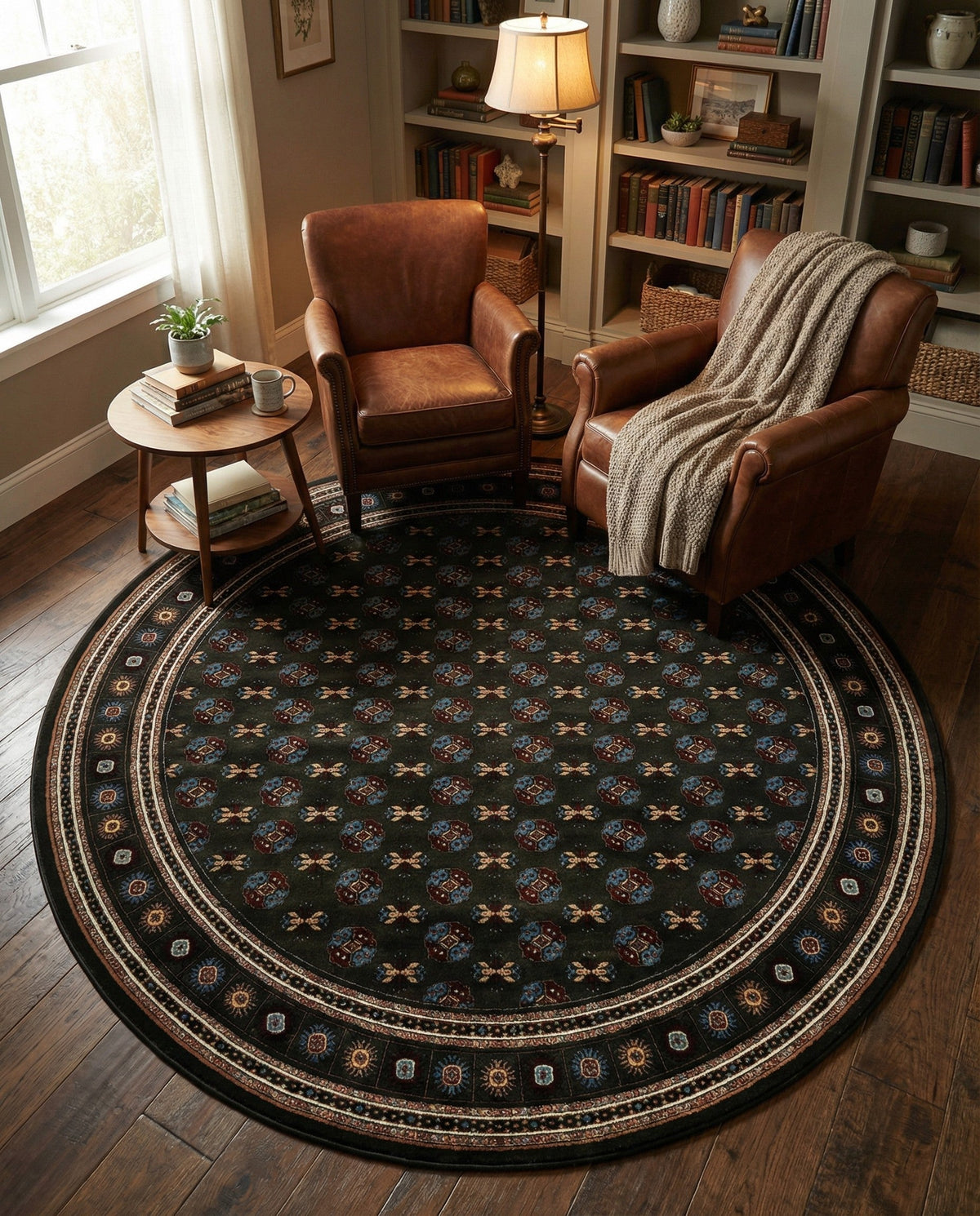 Samarkand Elegance Collection Area Rug -  Margilan (Dark Green) Round Dark Green  lifestyle 83