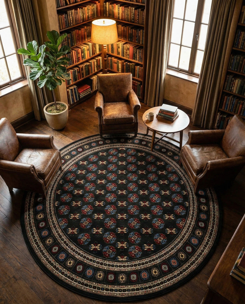 Samarkand Elegance Collection Area Rug -  Margilan (Dark Green) Round Dark Green  lifestyle 80