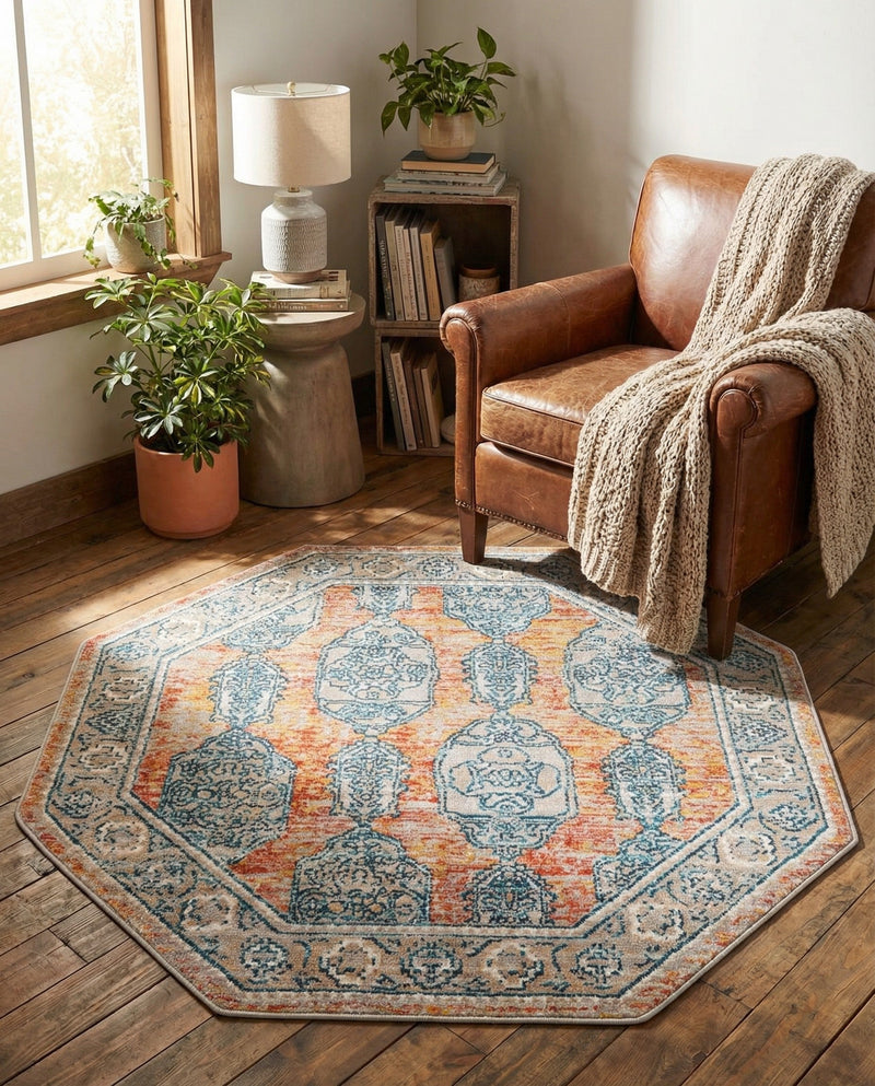 Seville Stripes Collection Area Rug -  Granada (Brick Red) Octagon Brick Red  lifestyle 67