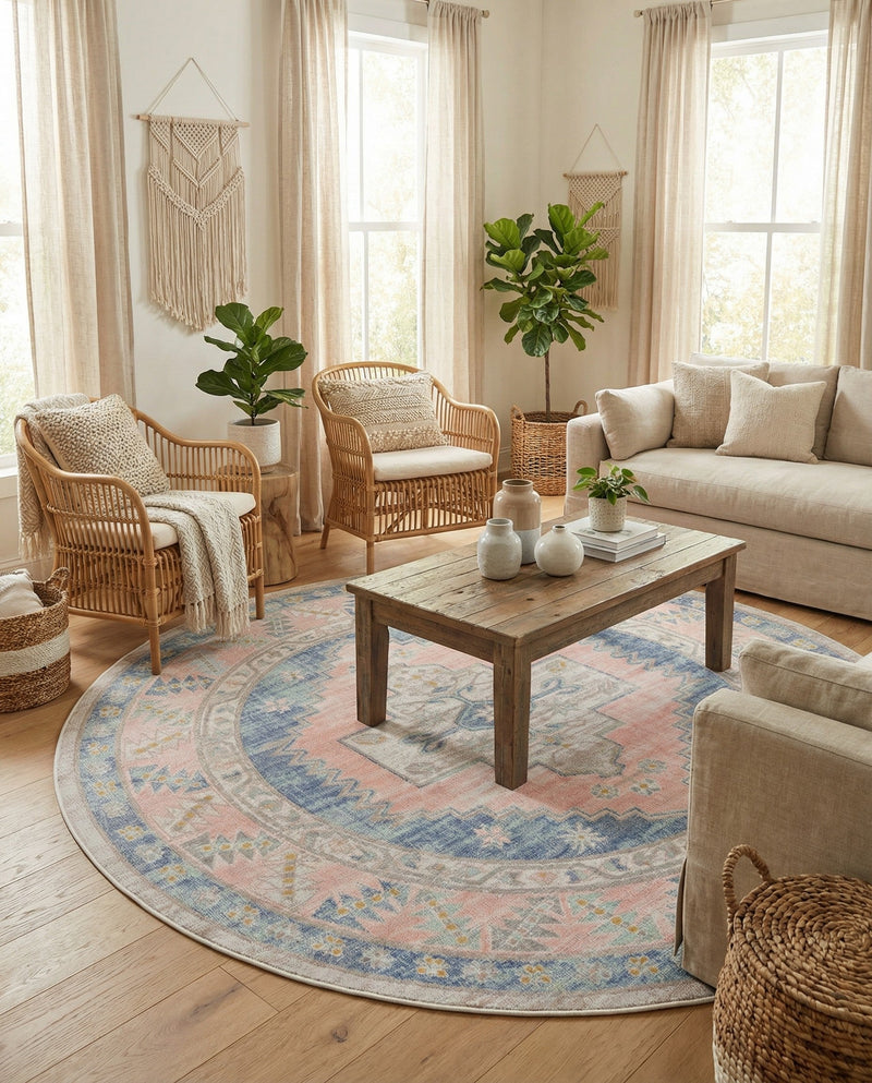 Savannah Series Collection Area Rug -  Augusta (French Blue) Round French Blue  lifestyle 76