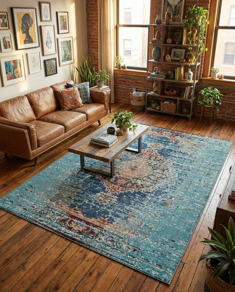 Venetian Tapestry Collection Area Rug -  Giudecca Rectangle Turquoise  lifestyle 44
