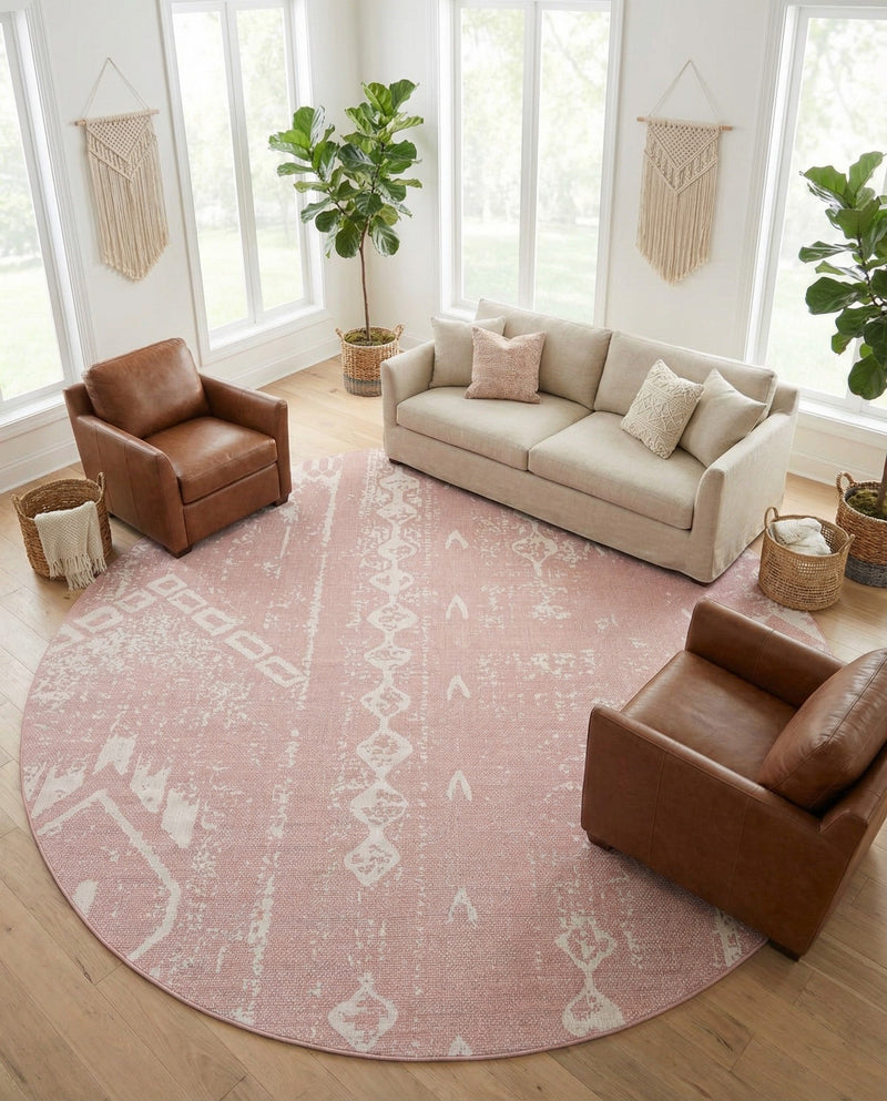Desert Nomad Terrace Collection Area Rug - Sahara (Pink) Round Pink  lifestyle 17