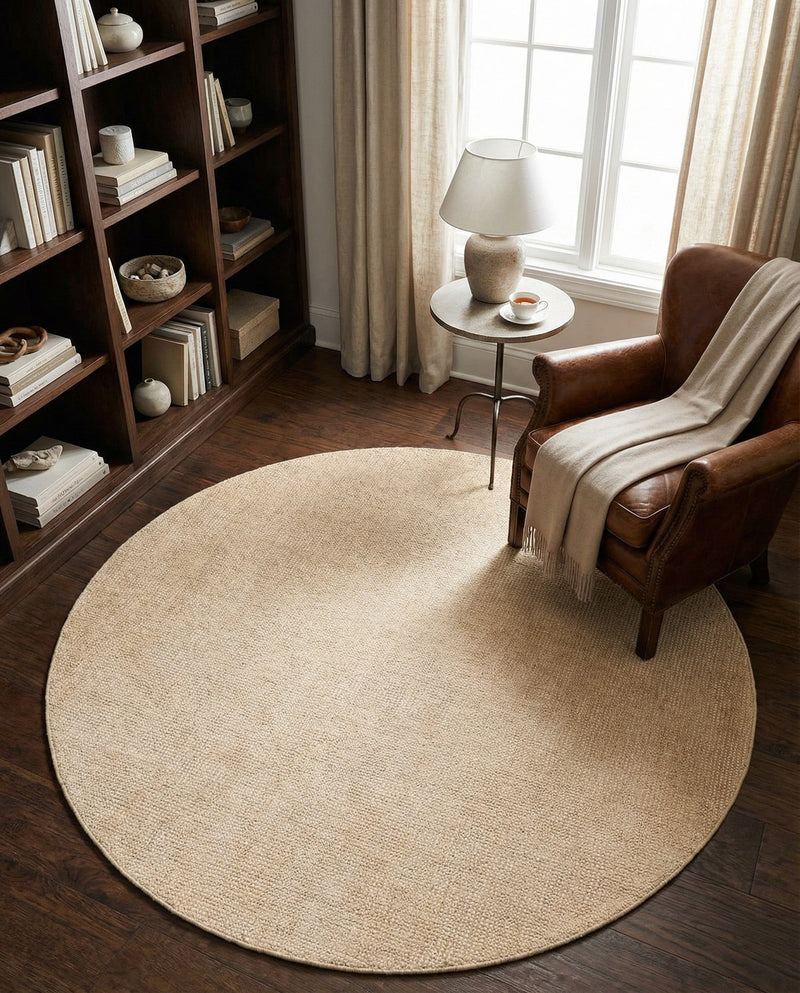 Berkshire Estate Collection Area Rug - Windsor (Oat Beige) Round Oat Beige  lifestyle 49