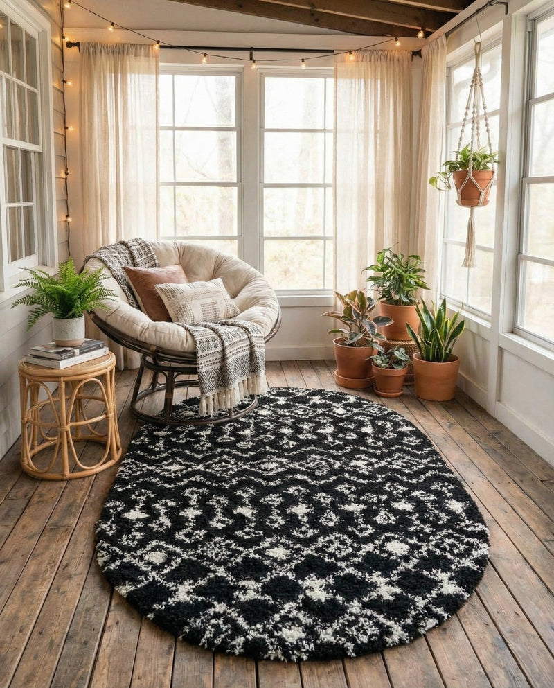 Berber Lattice Shag Collection Area Rug - Atlas (Black and White) Oval Black and White  lifestyle 47