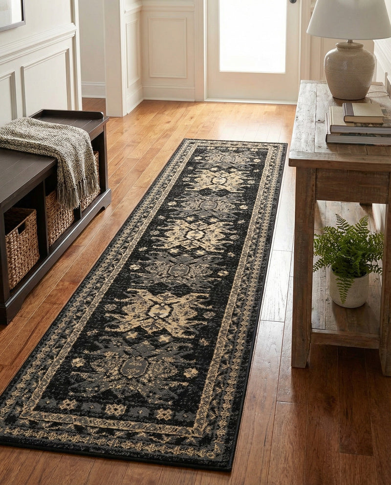Tabriz Tapestries Collection Area Rug - Azerbaijan (Black) Runner Black  lifestyle 55