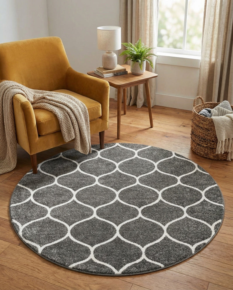 Trellis Mosaic Collection Area Rug -  Pergolatown (Dark Gray) Round Dark Gray  lifestyle 61