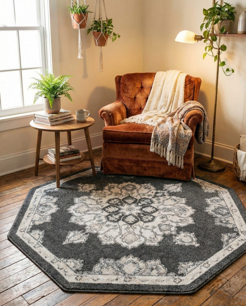 Beverly Grove Collection Area Rug - Melrose (Charcoal) Octagon Charcoal  lifestyle 60
