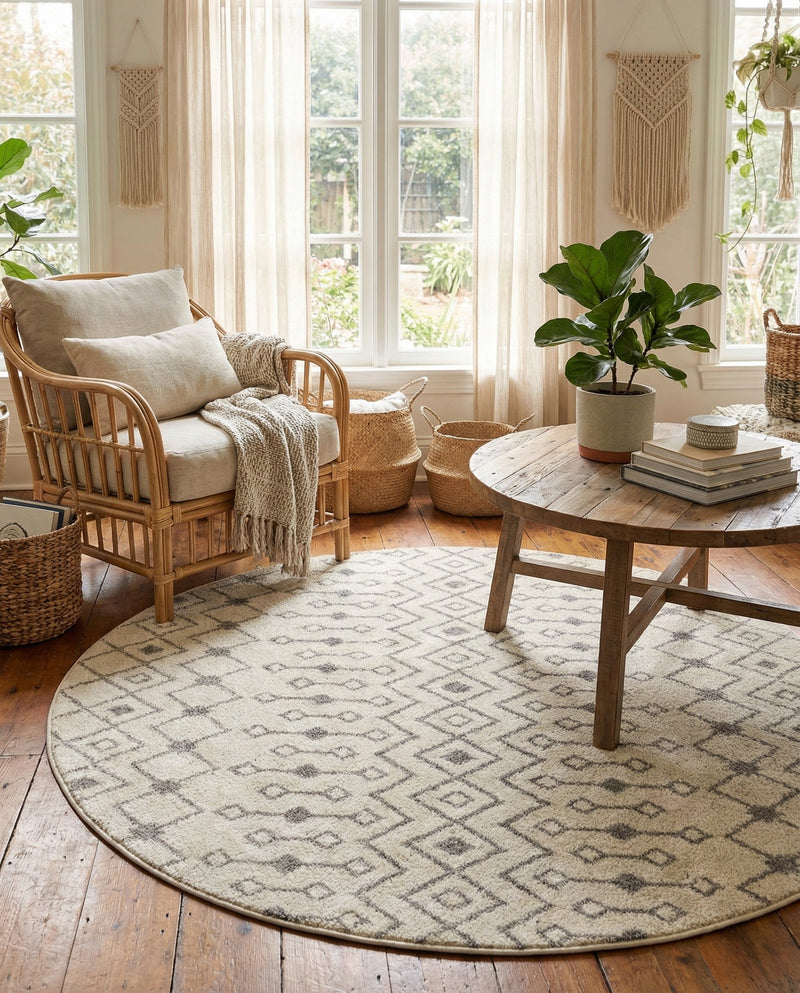 Mediterranean Lattice Collection Area Rug - Santorini (Ivory and Gray) Round Ivory and Gray  lifestyle 68