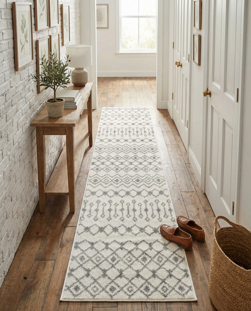 Mediterranean Lattice Collection Area Rug - Santorini (Ivory and Gray) Runner Ivory and Gray  lifestyle 48