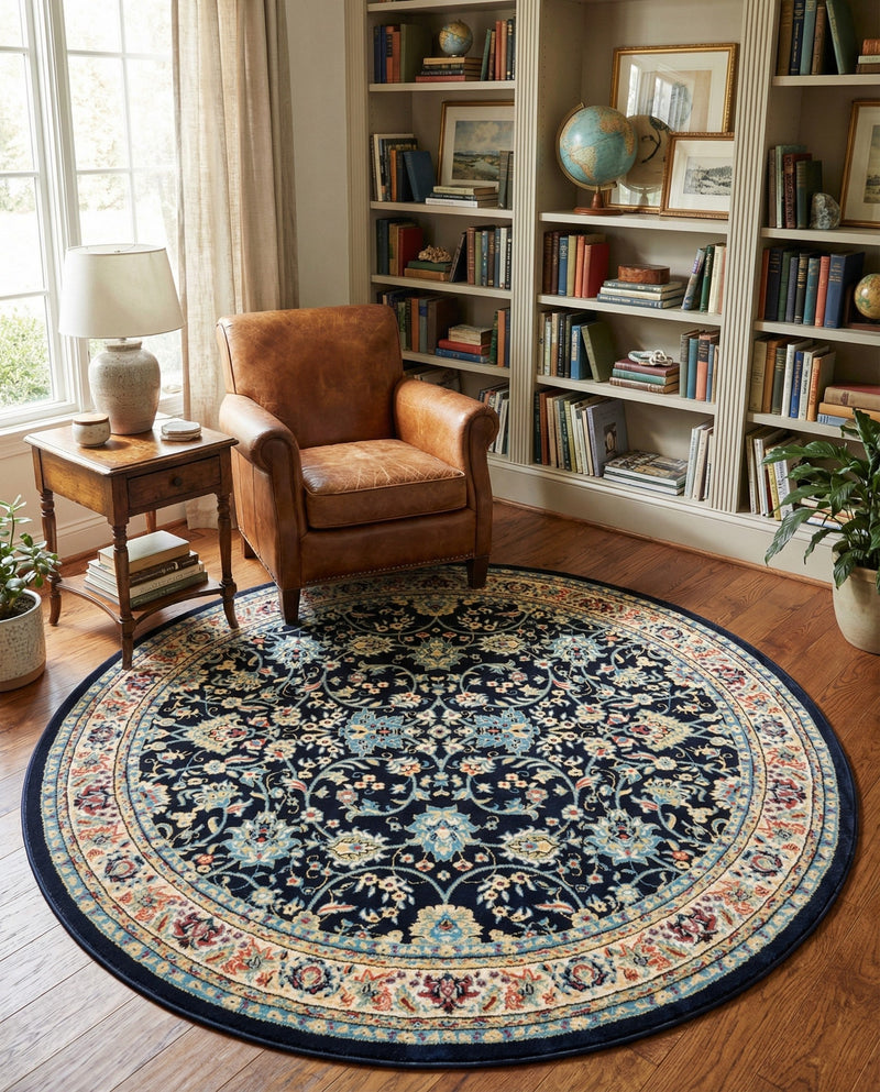 Isfahan Elegance Collection Area Rug - Naghsh-e Jahan (Navy Blue) Round Navy Blue  lifestyle 77