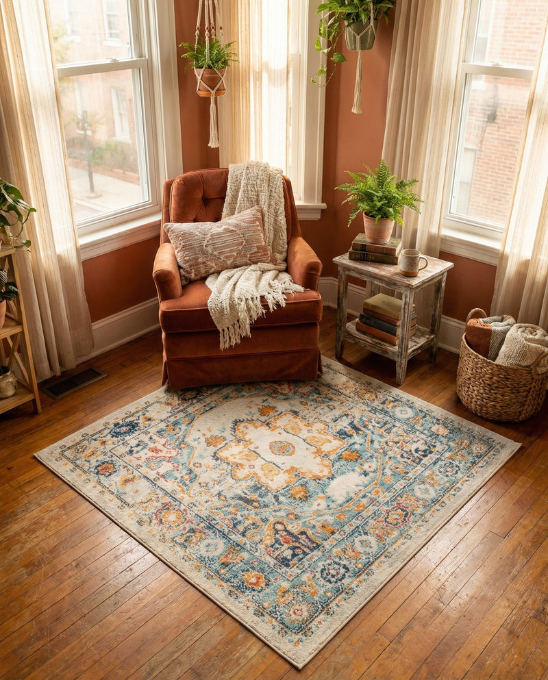 Parisian Elegance Collection Area Rug - Versailles (Teal) Square Teal  lifestyle 69