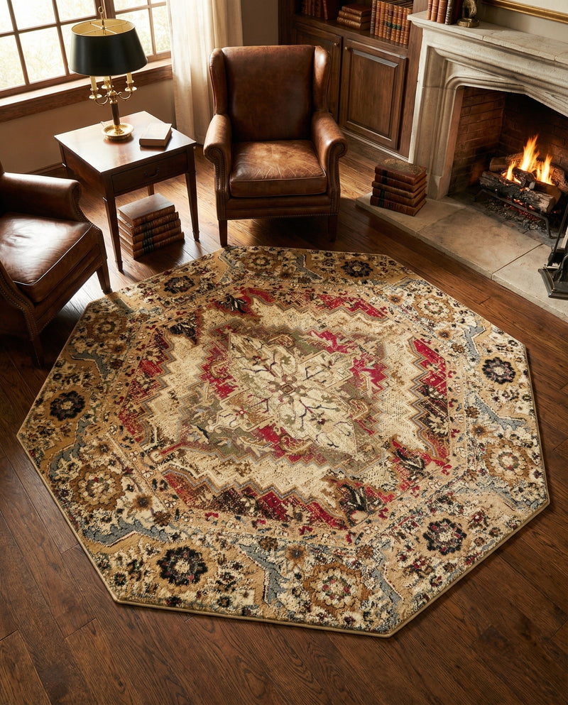 Neptune Elegance Collection Area Rug -  Naiad Octagon Burgundy Beige  lifestyle 63