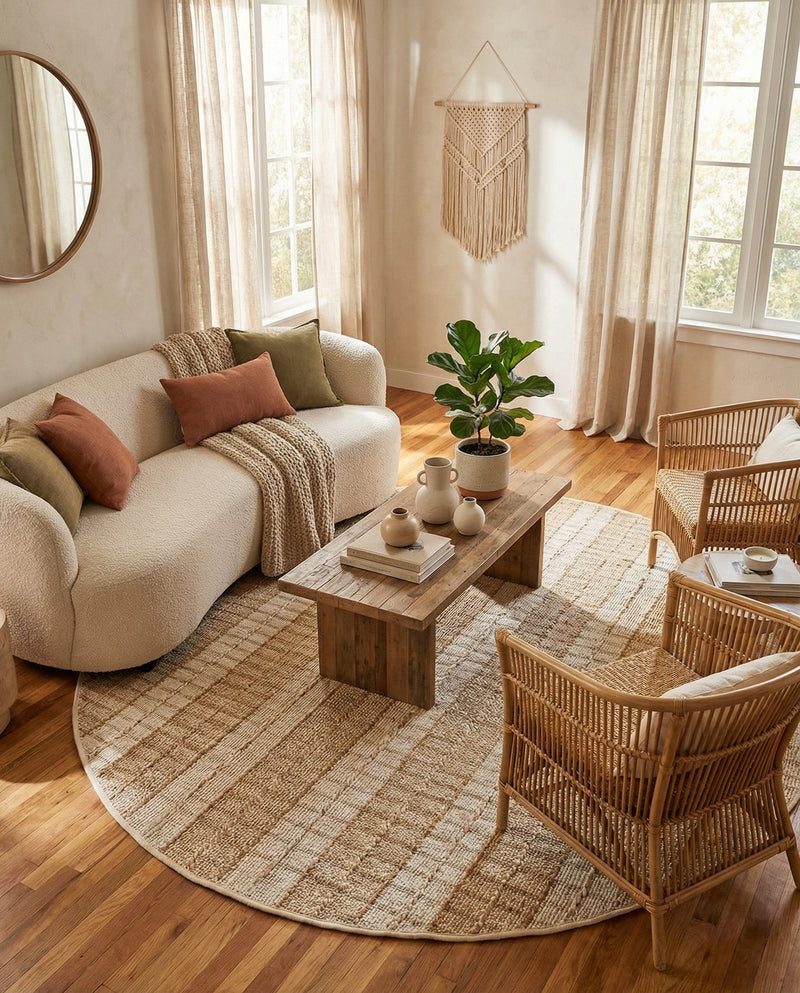 Sequoia Handwoven Jute Collection Area Rug - Charleston Round Ivory  lifestyle 34