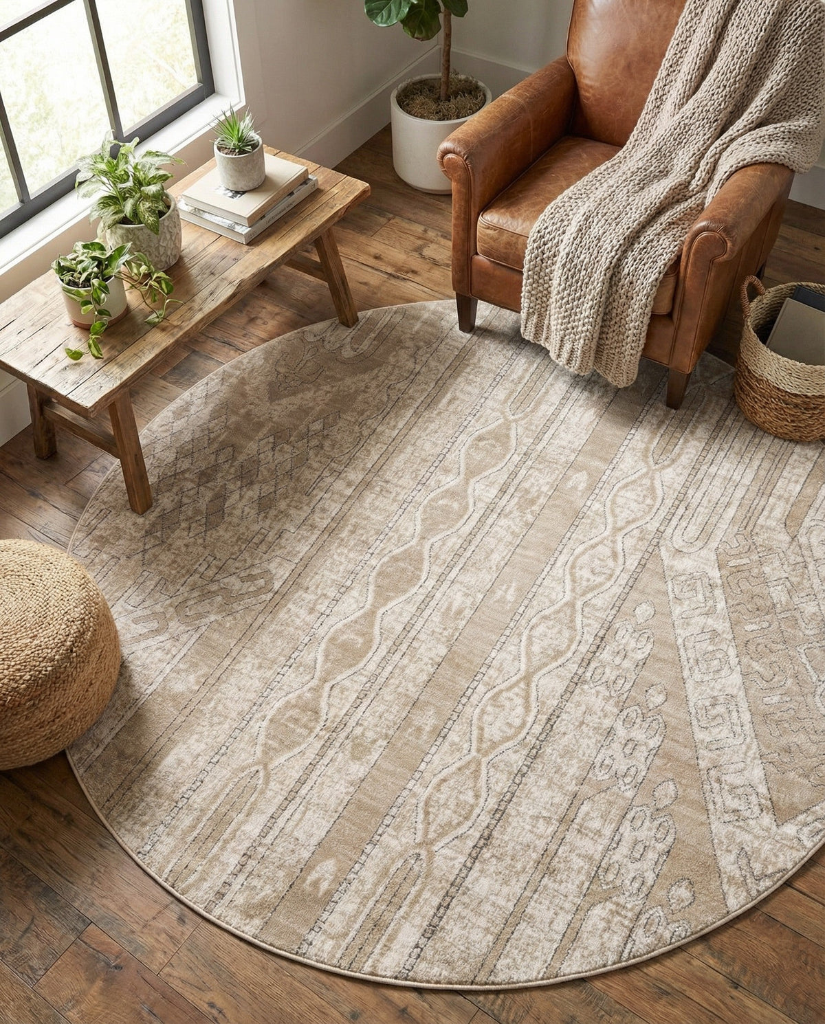 Cascade Range Collection Area Rug - Hood (Ivory) Round Ivory  lifestyle 96