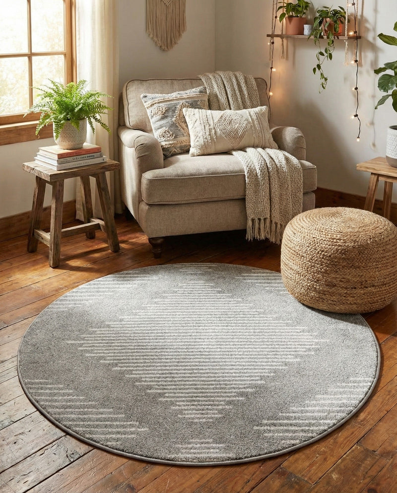Seychelles Stripes Collection Area Rug - Mahe (Gray and Ivory) Round Gray and Ivory  lifestyle 51