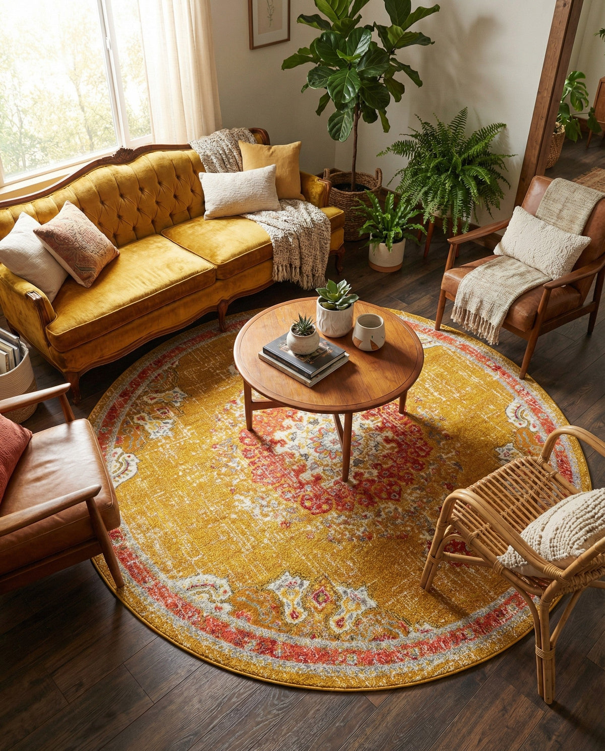 Brighton Terrace Collection Area Rug - Hove (Gold) Round Gold  lifestyle 131