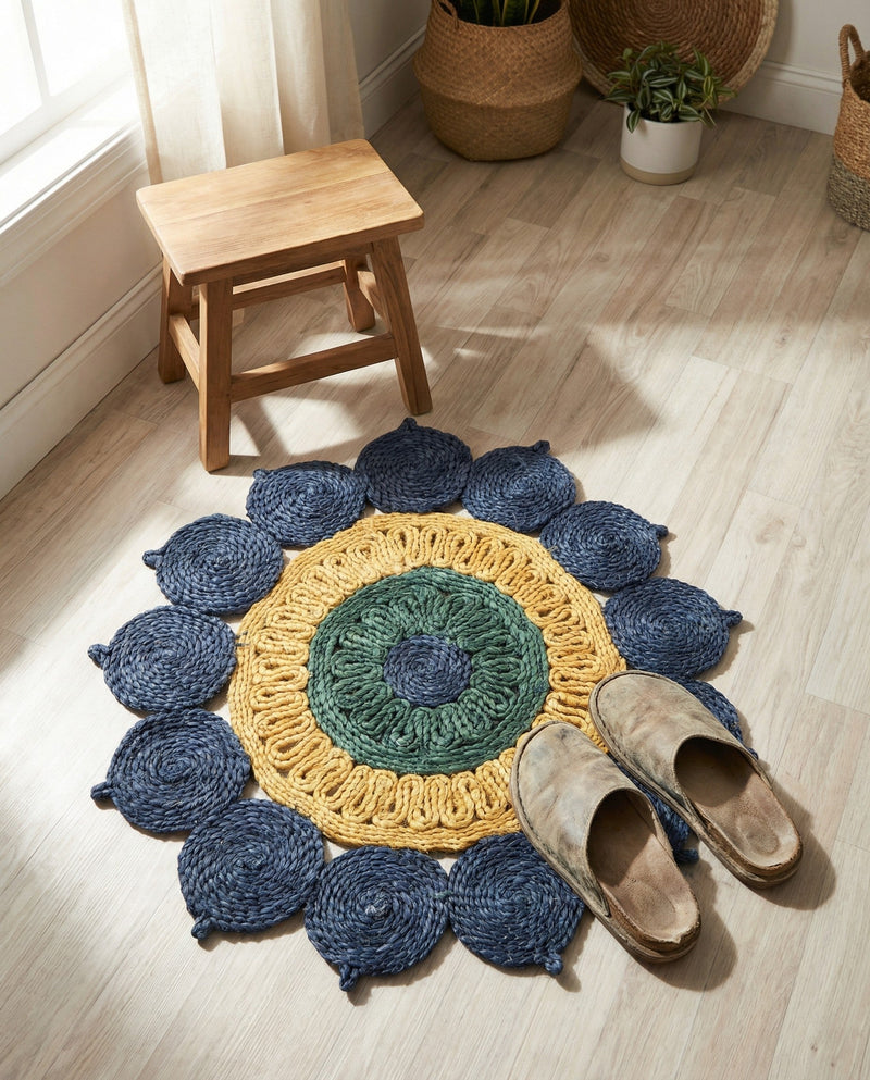 Woven Seaside Jute Collection Area Rug - Coastalhaven (Navy Blue Yellow Green) Round Navy Blue Yellow Green  lifestyle 33