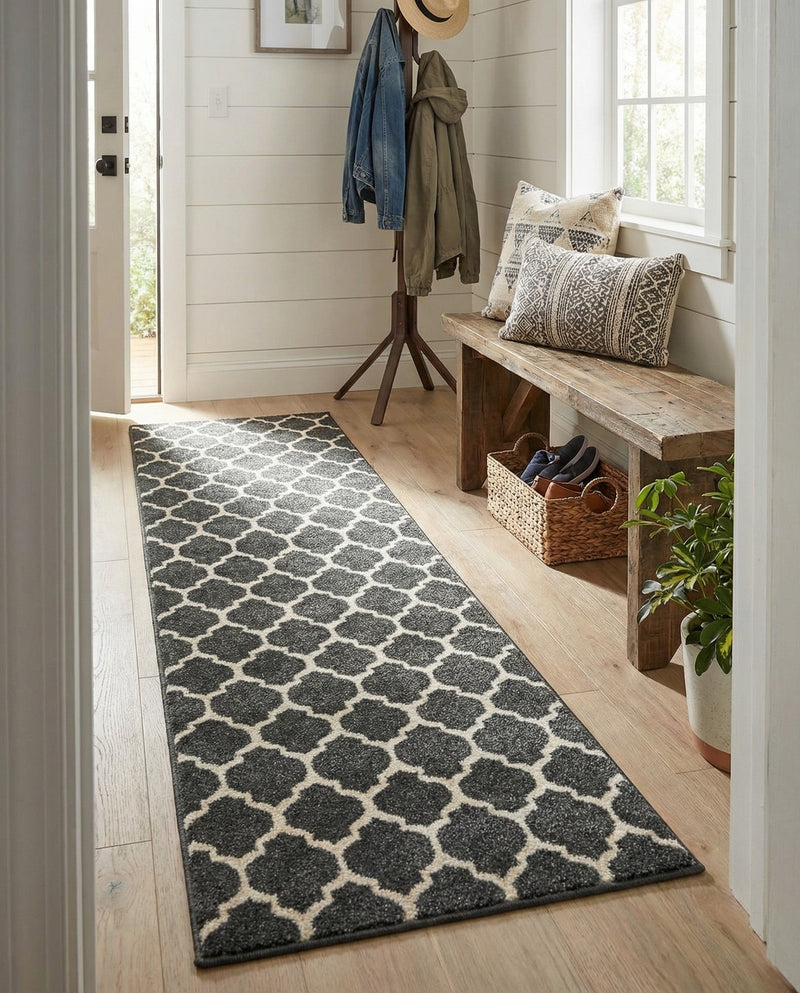 Lattice Gardens Collection Area Rug -  Bloomfield (Black) Runner Black  lifestyle 67