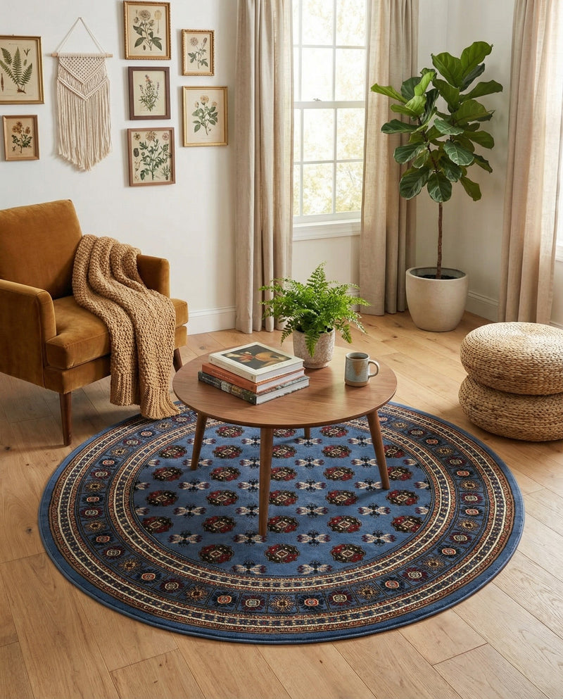 Samarkand Elegance Collection Area Rug -  Margilan (Blue) Round Blue  lifestyle 66
