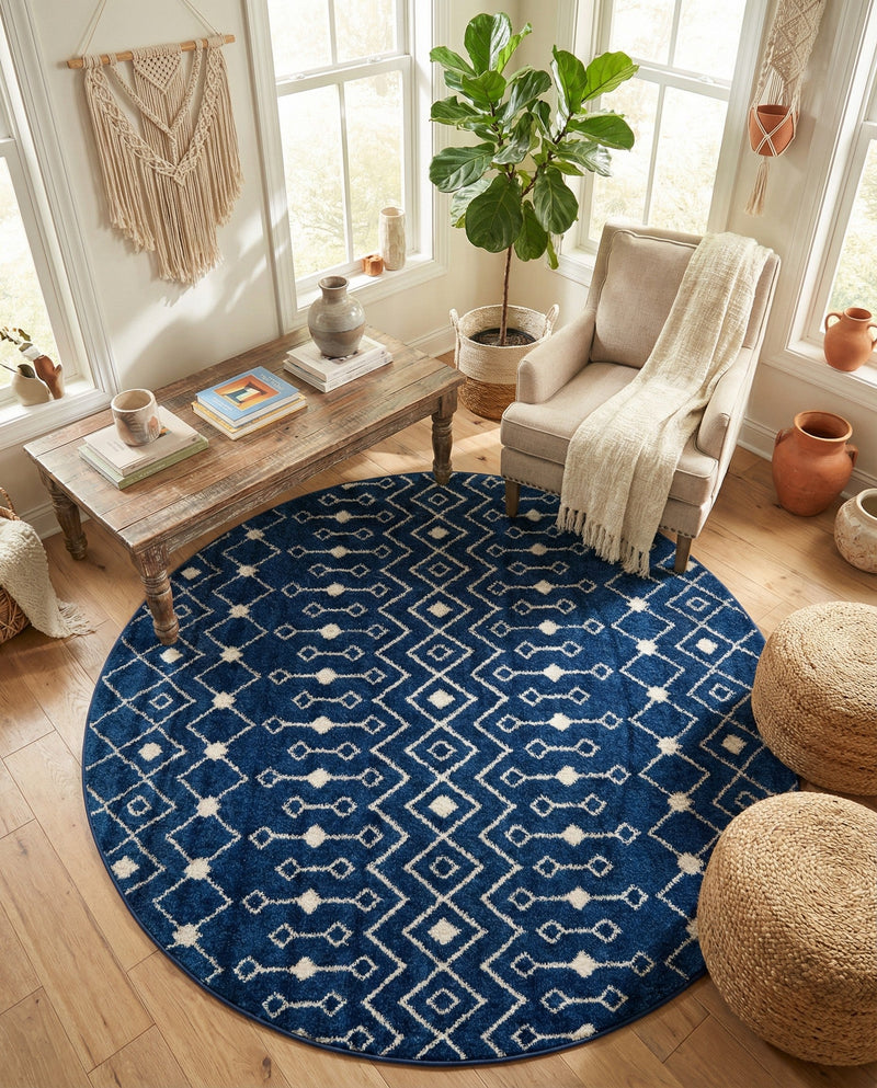 Mediterranean Lattice Collection Area Rug - Santorini (Navy Blue) Round Navy Blue  lifestyle 77