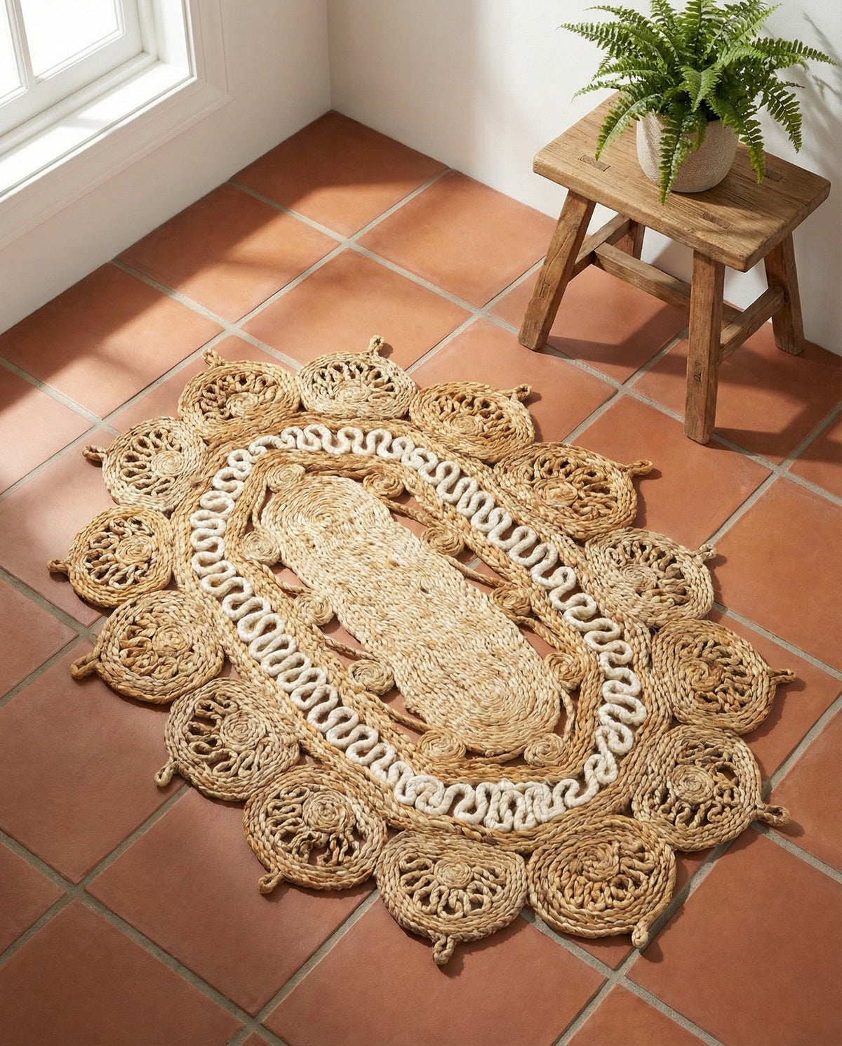 Woven Seaside Jute Collection Area Rug - Coastalhaven (Natural and White) Oval Natural and White  lifestyle 23