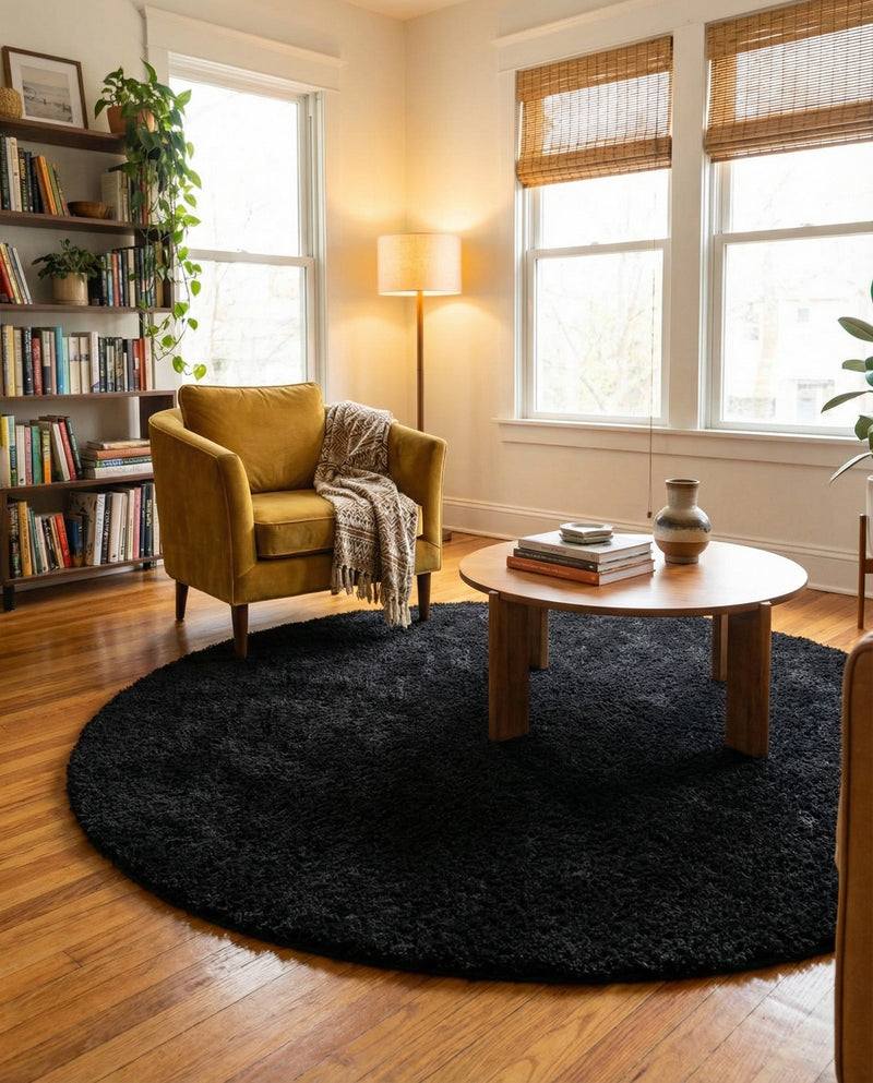 Plush Oasis Collection Area Rug - Serenity (Jet Black) Round Jet Black  lifestyle 79