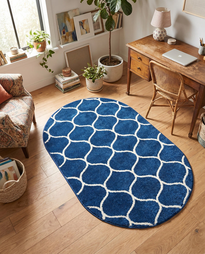 Trellis Mosaic Collection Area Rug -  Pergolatown (Navy Blue) Oval Navy Blue  lifestyle 75