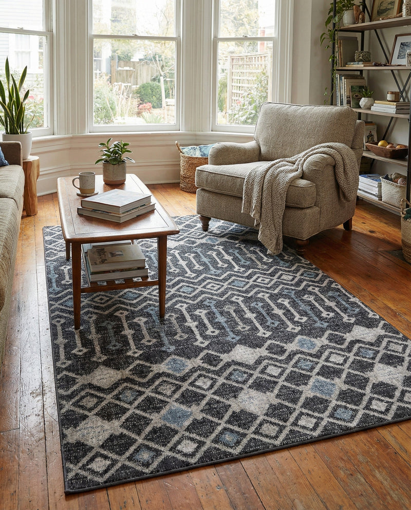 Geo Garden Lattice Collection Area Rug -  Andalusia Rectangle Charcoal Gray  lifestyle 48