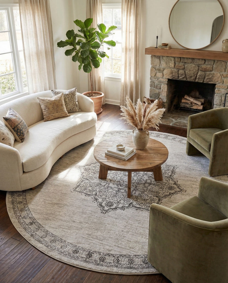 Mykonos Manor Collection Area Rug -  Tinos (Ivory) Round Ivory  lifestyle 59