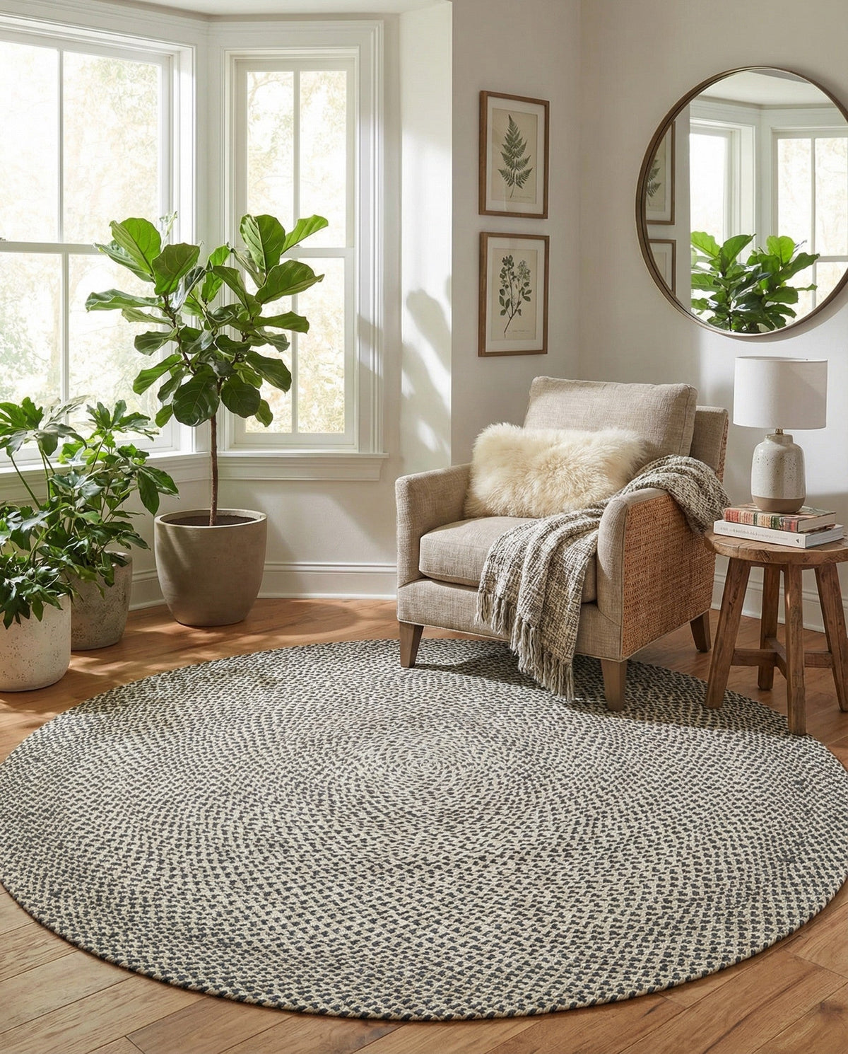 Highland Woven Jute Collection Area Rug - Glenmore (Gray) Round Gray  lifestyle 80