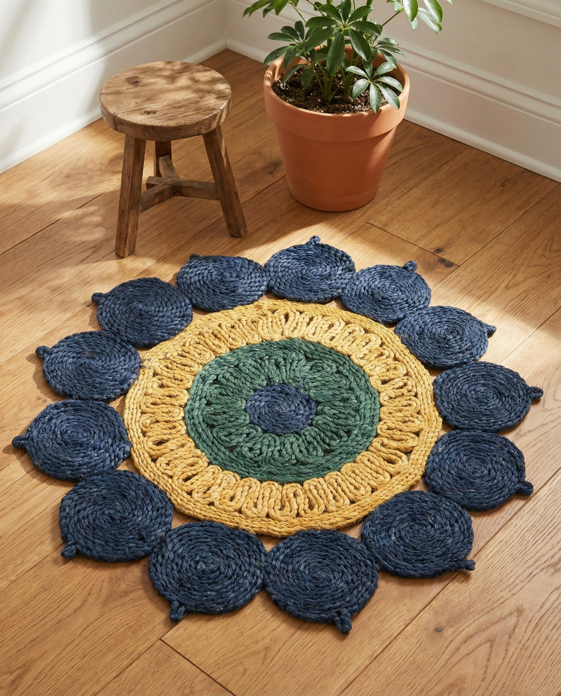 Woven Seaside Jute Collection Area Rug - Coastalhaven (Navy Blue Yellow Green) Round Navy Blue Yellow Green  lifestyle 34