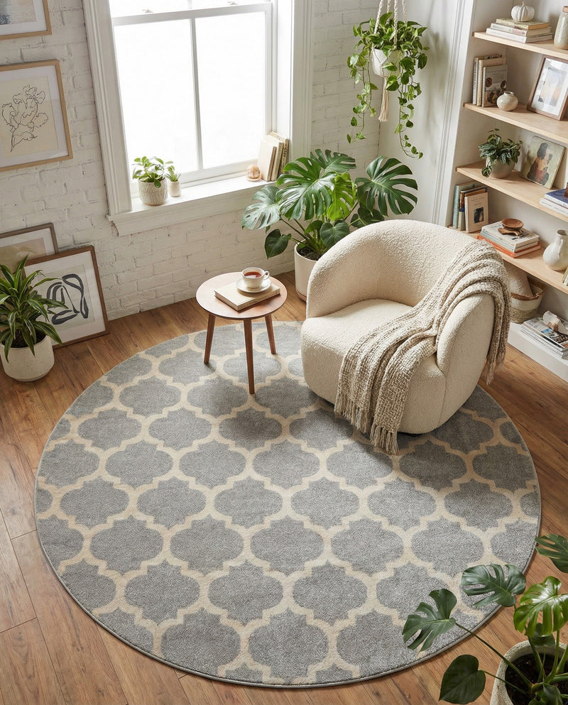 Lattice Gardens Collection Area Rug -  Bloomfield (Light Gray) Round Light Gray  lifestyle 66