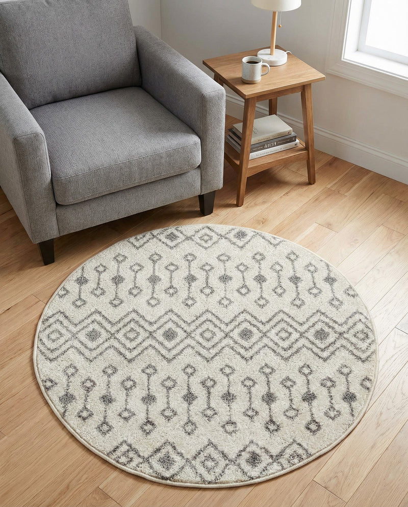 Mediterranean Lattice Collection Area Rug - Santorini (Ivory and Gray) Round Ivory and Gray  lifestyle 76