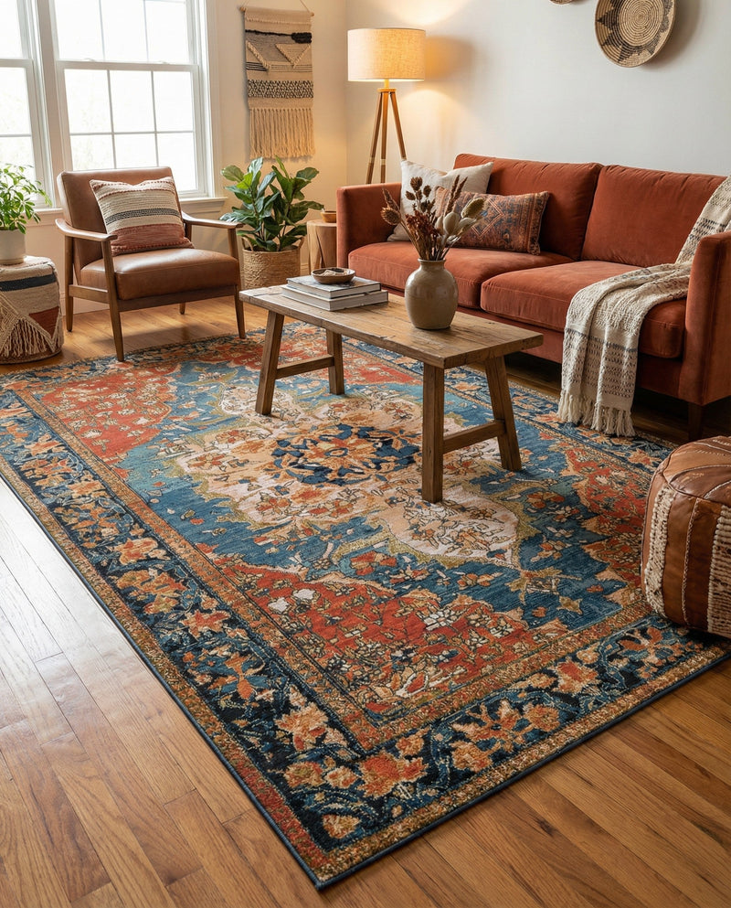 Patio Heritage Collection Area Rug -  Grove Rectangle Navy Blue and Rust Red  lifestyle 24