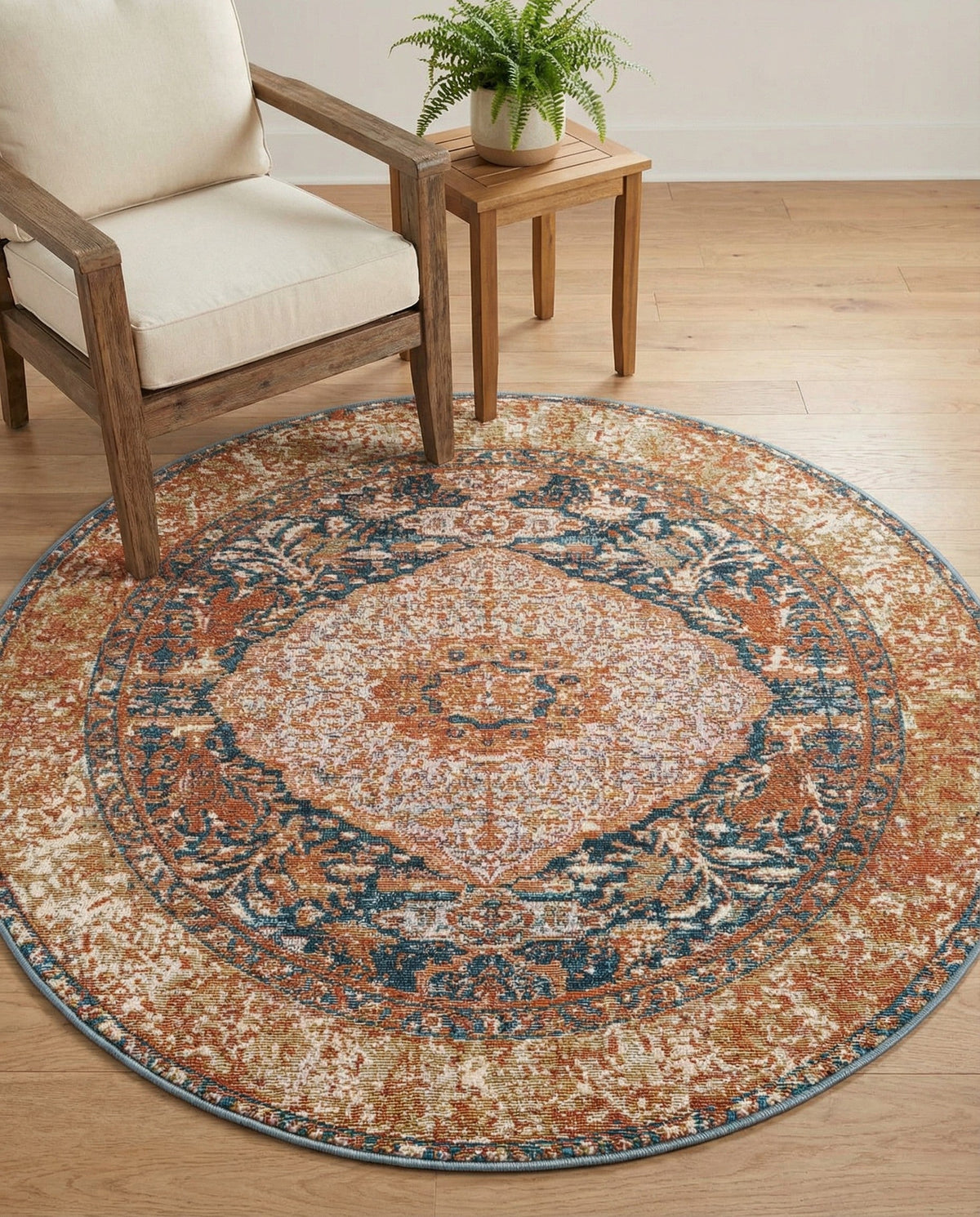Patio Heritage Collection Area Rug -  Courtyard Round Navy Blue and Light Pink  lifestyle 80