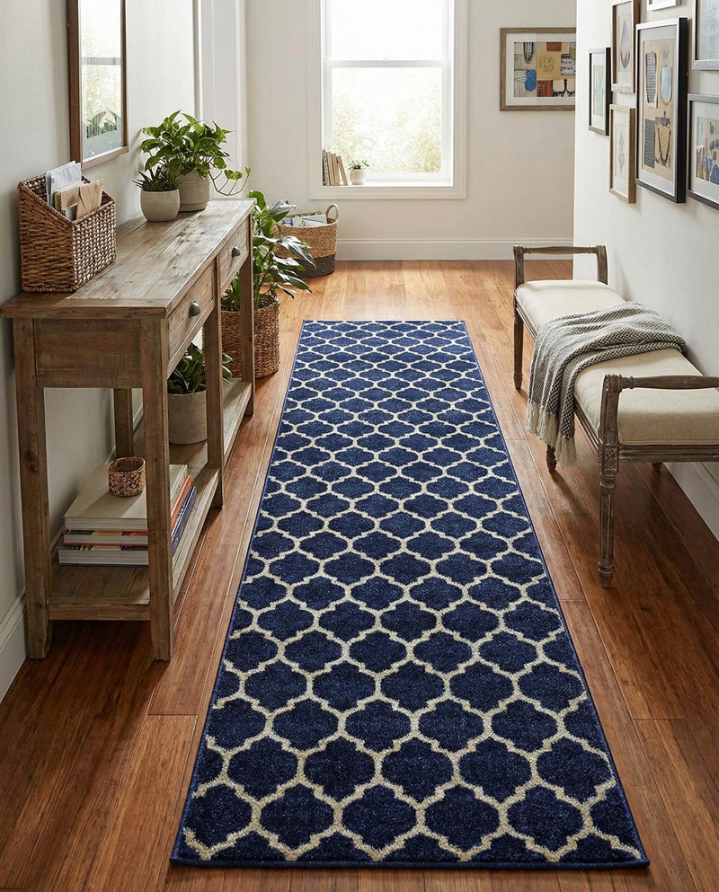 Lattice Gardens Collection Area Rug -  Bloomfield (Dark Blue) Runner Dark Blue  lifestyle 77